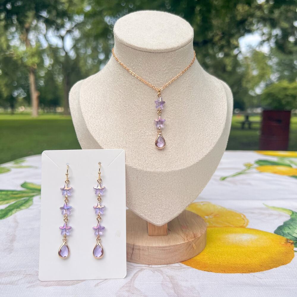 Fun Dangle Star Lavender Amethyst Purple Crystal Glass Whimsical Jewelry Set